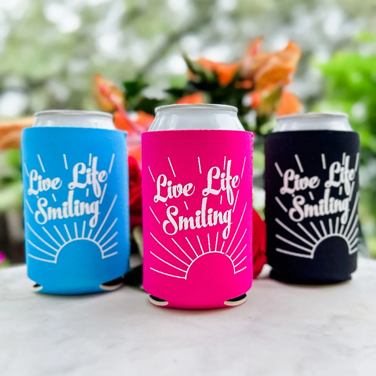 Bright "Live Life Smiling" Can Coolers