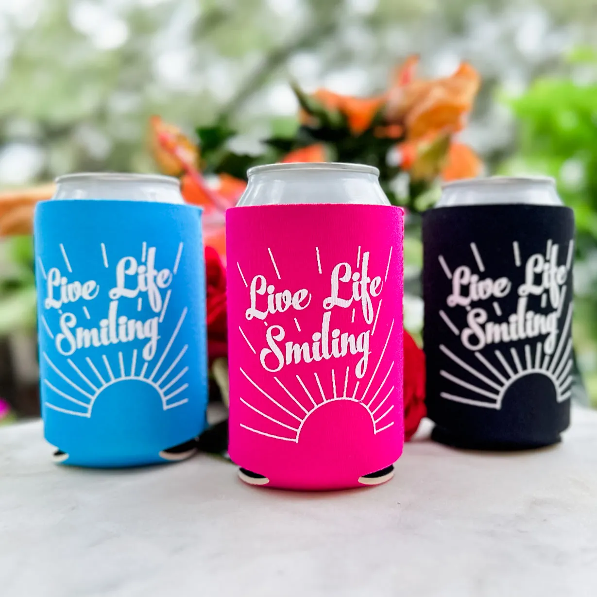 Bright "Live Life Smiling" Can Coolers