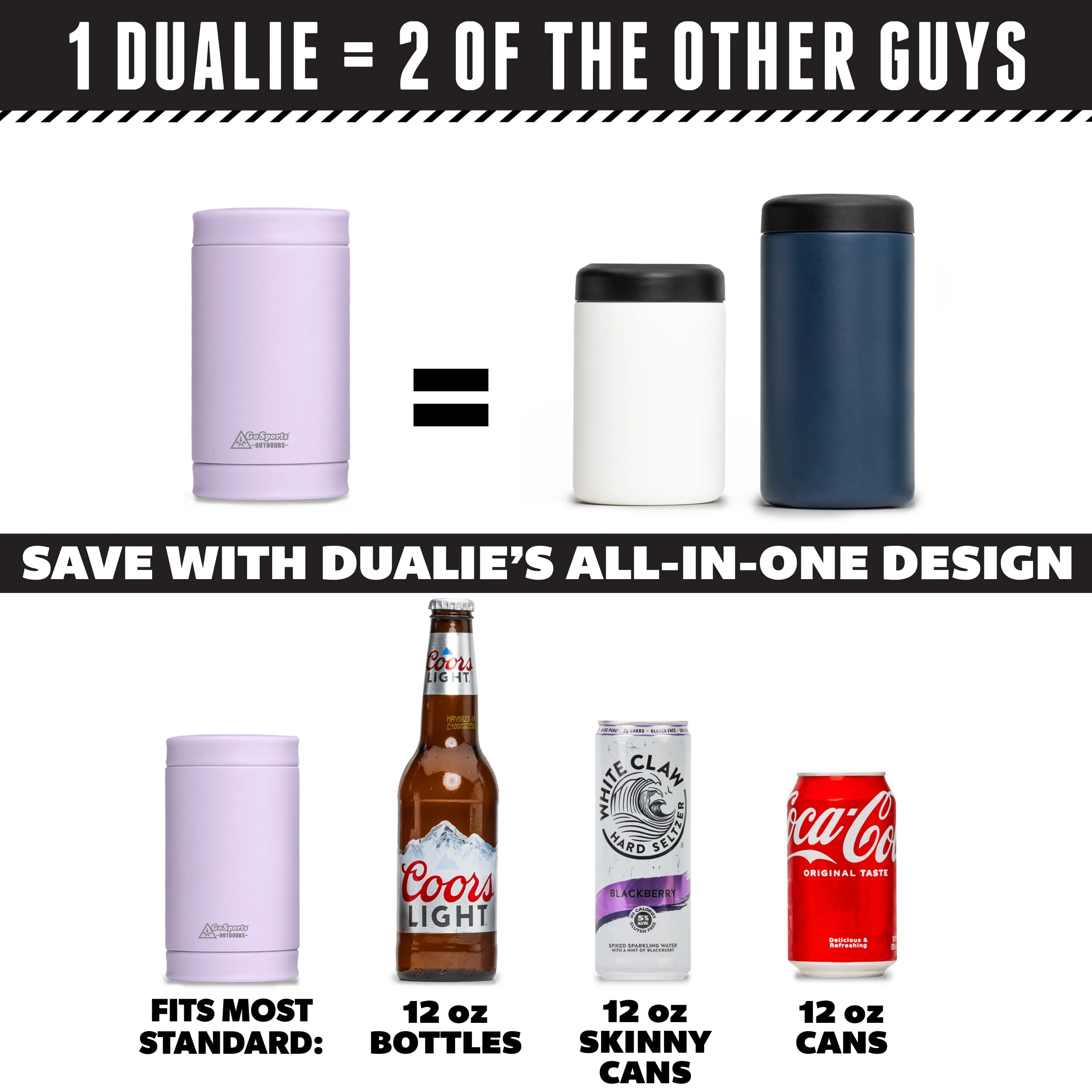 DUALIE 3 in 1 Insulated Can Cooler - Universal Size for 12 oz Cans, Slim Cans, and Bottles - Lavender