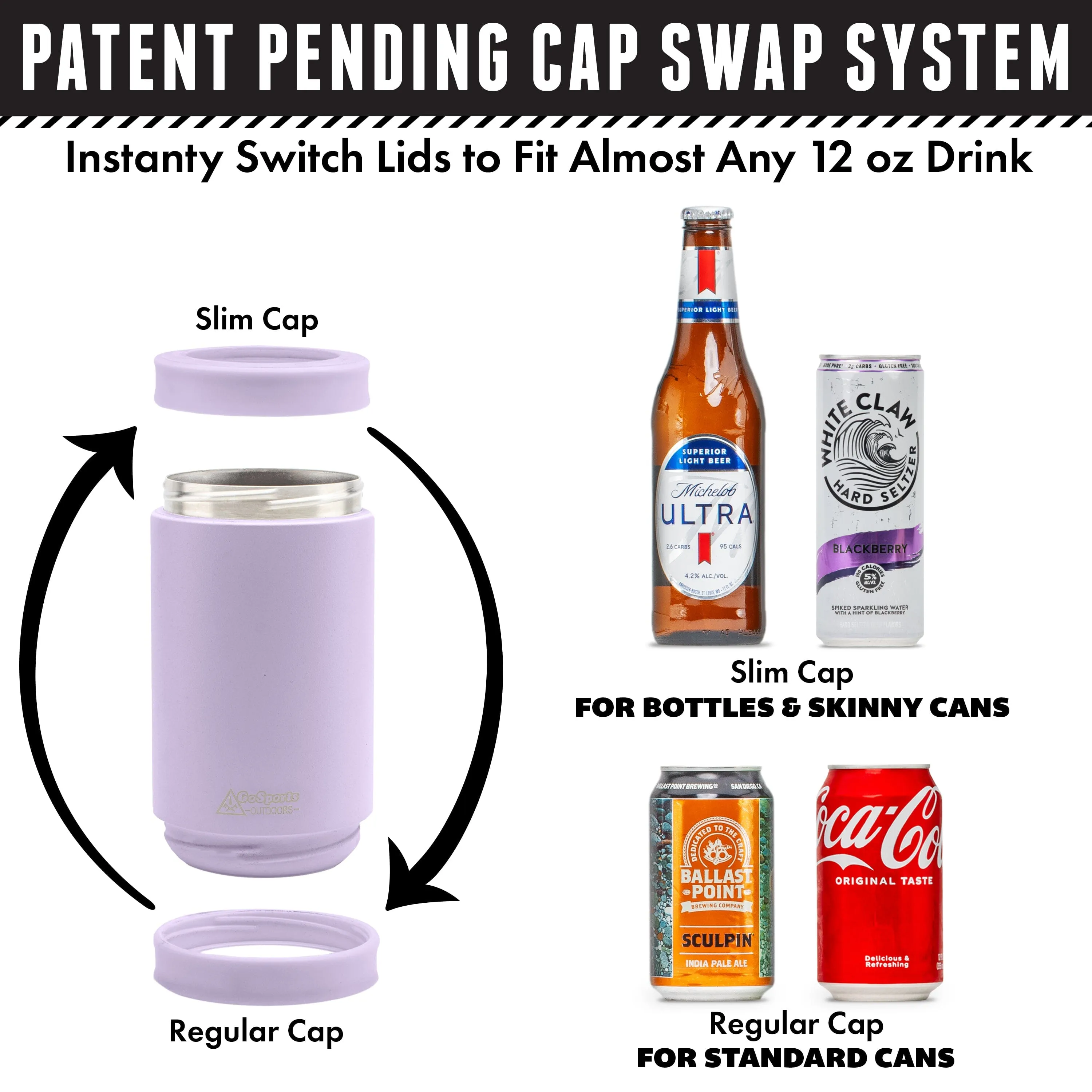 DUALIE 3 in 1 Insulated Can Cooler - Universal Size for 12 oz Cans, Slim Cans, and Bottles - Lavender