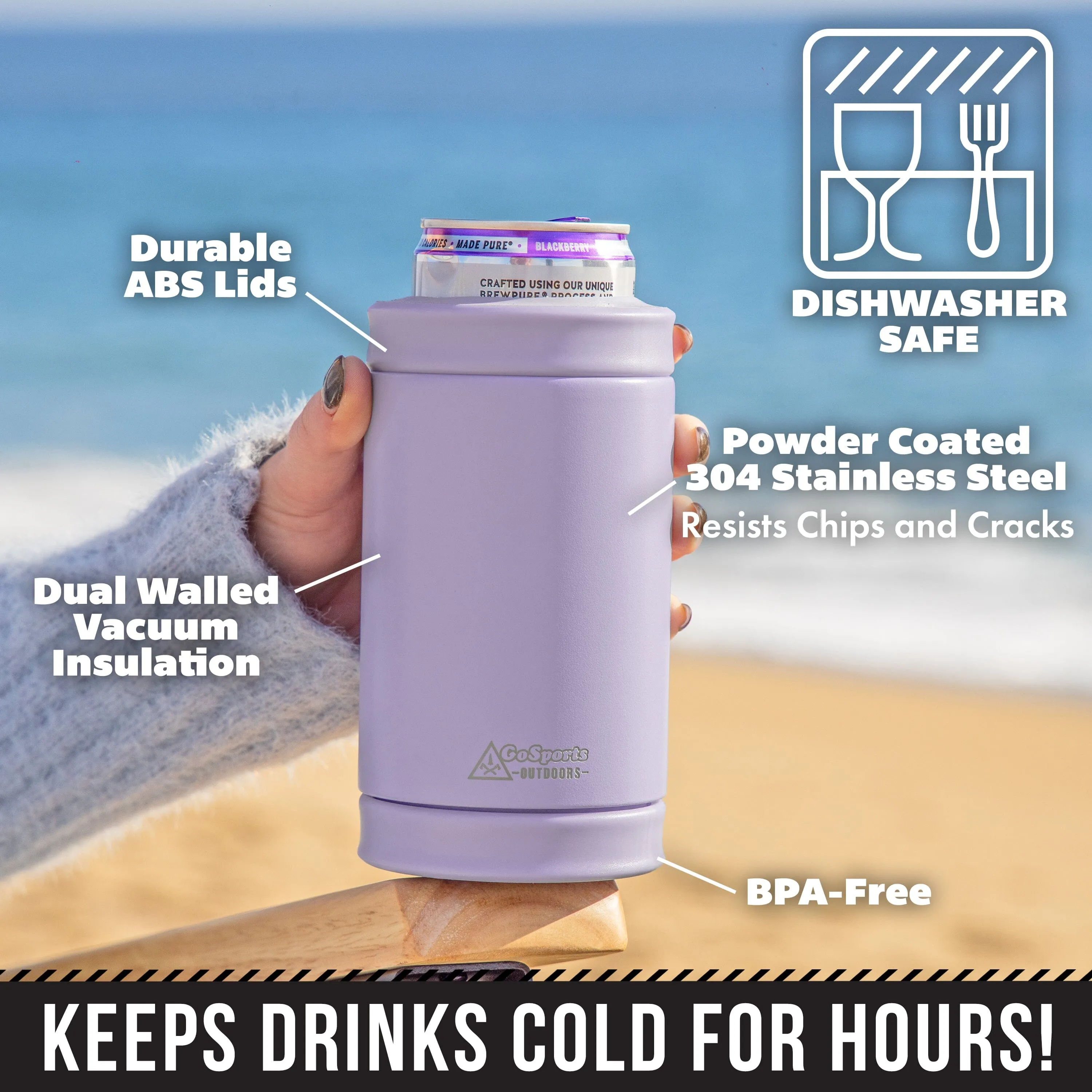 DUALIE 3 in 1 Insulated Can Cooler - Universal Size for 12 oz Cans, Slim Cans, and Bottles - Lavender