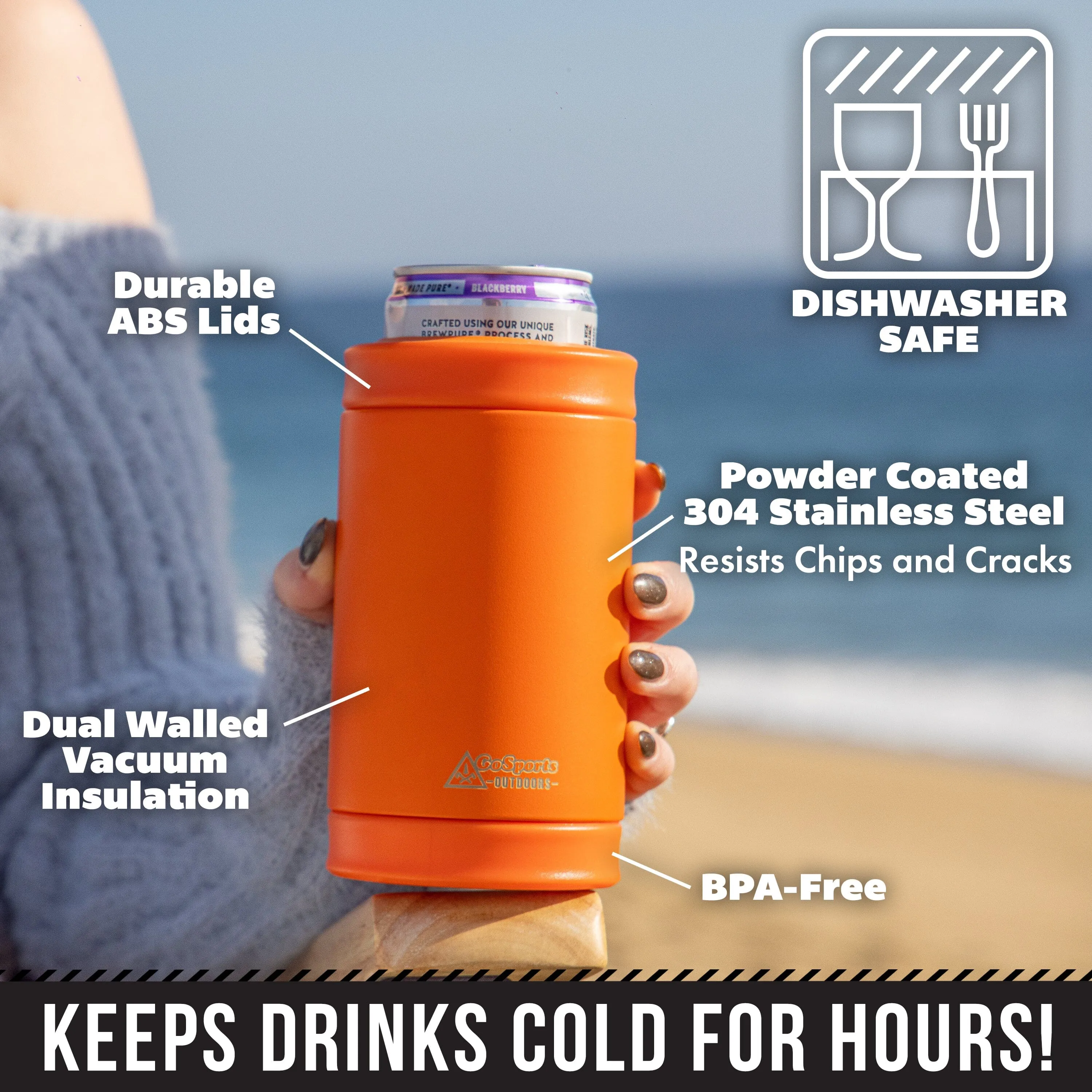 DUALIE 3 in 1 Insulated Can Cooler - Universal Size for 12 oz Cans, Slim Cans, and Bottles - Orange