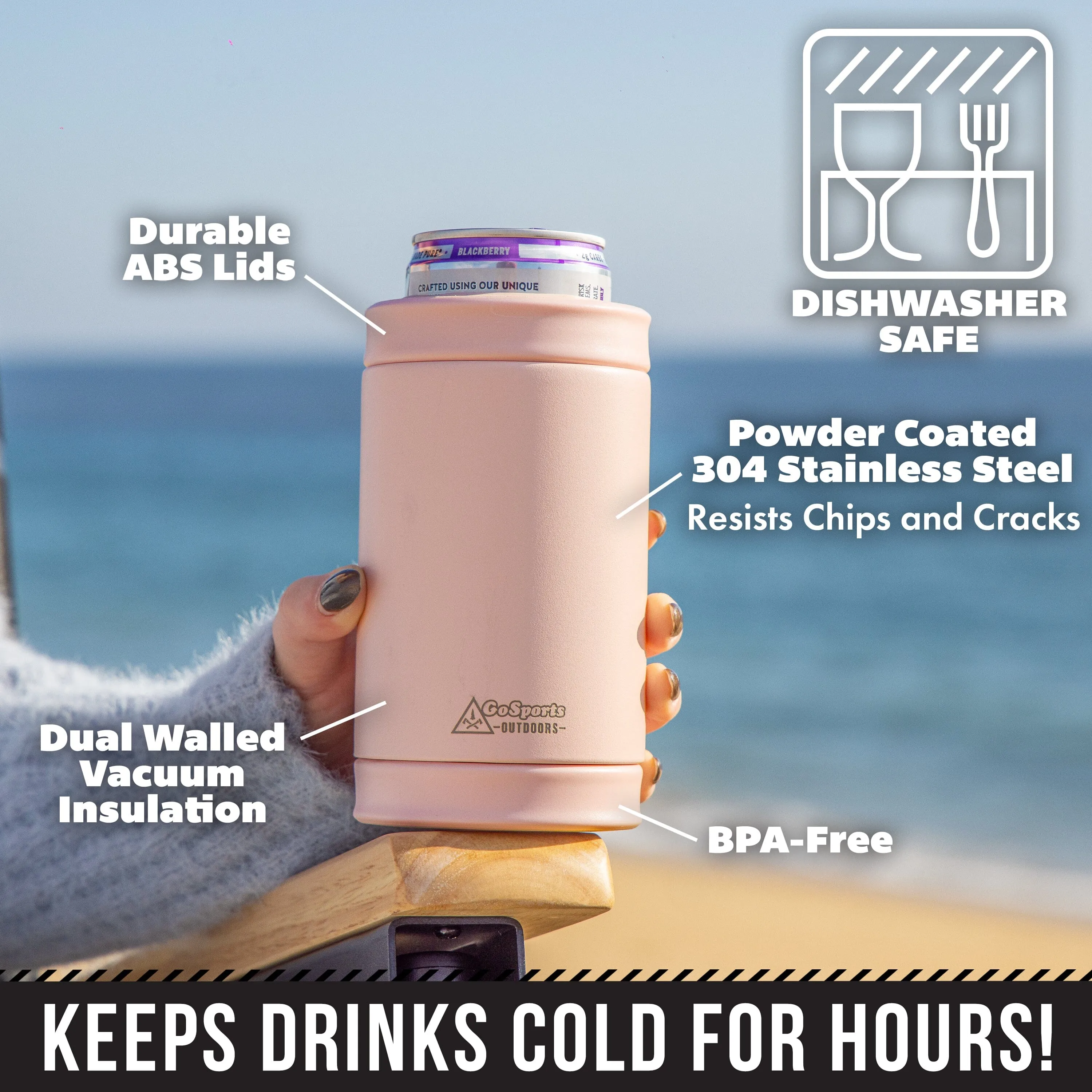 DUALIE 3 in 1 Insulated Can Cooler - Universal Size for 12 oz Cans, Slim Cans, and Bottles - Rose