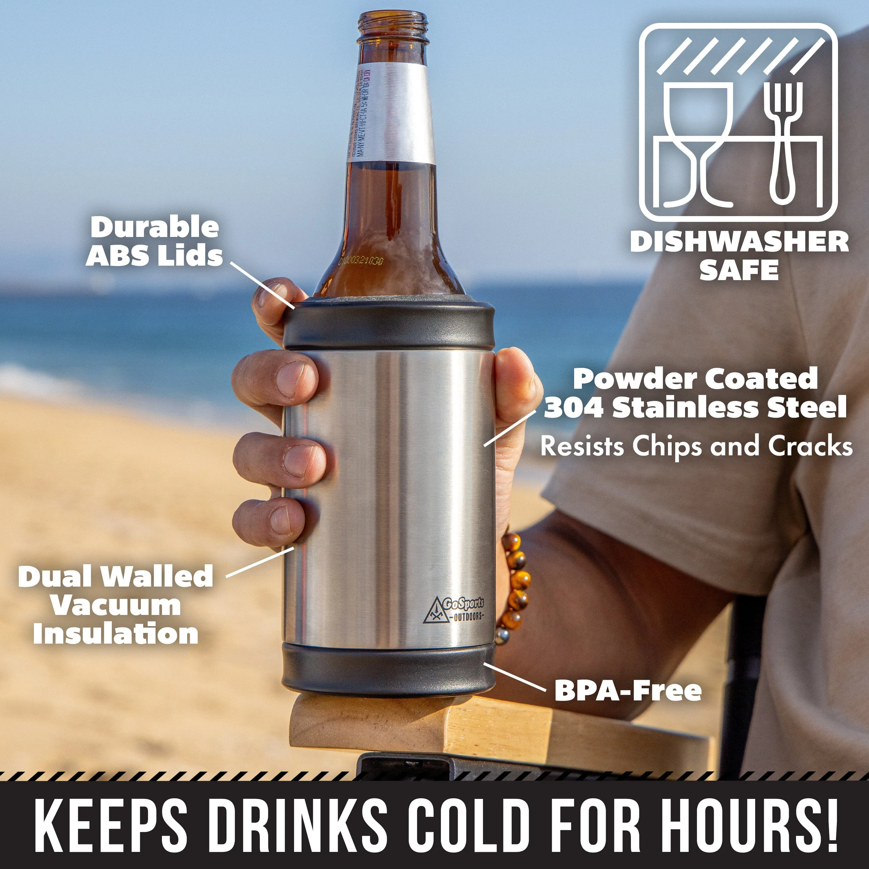 DUALIE 3 in 1 Insulated Can Cooler - Universal Size for 12 oz Cans, Slim Cans, and Bottles - Stainless