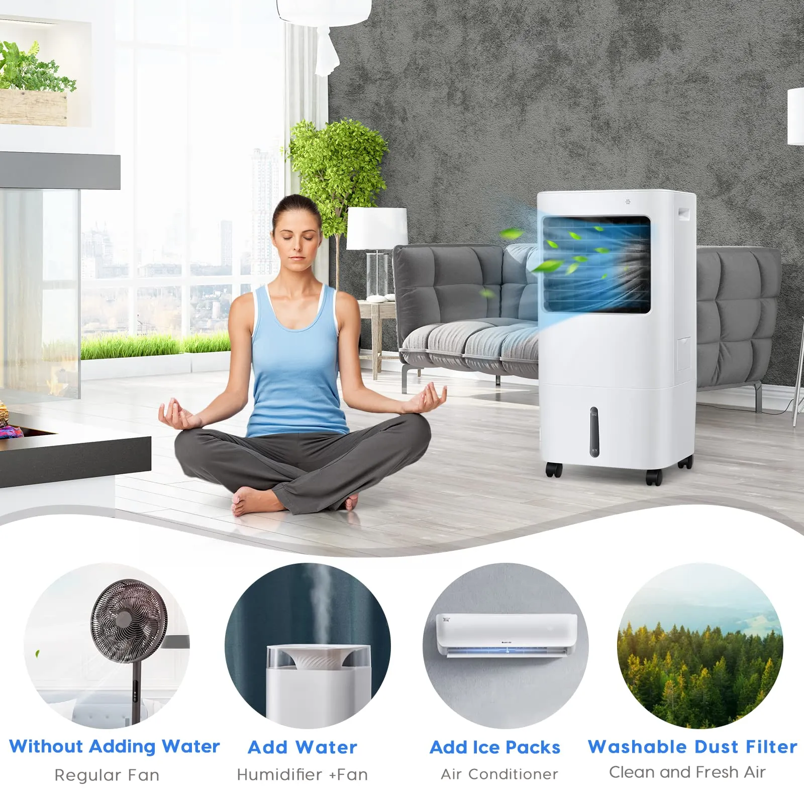 Evaporative Cooler, 3-in-1 Cooler, Fan and Humidifier with 7.5H Timer