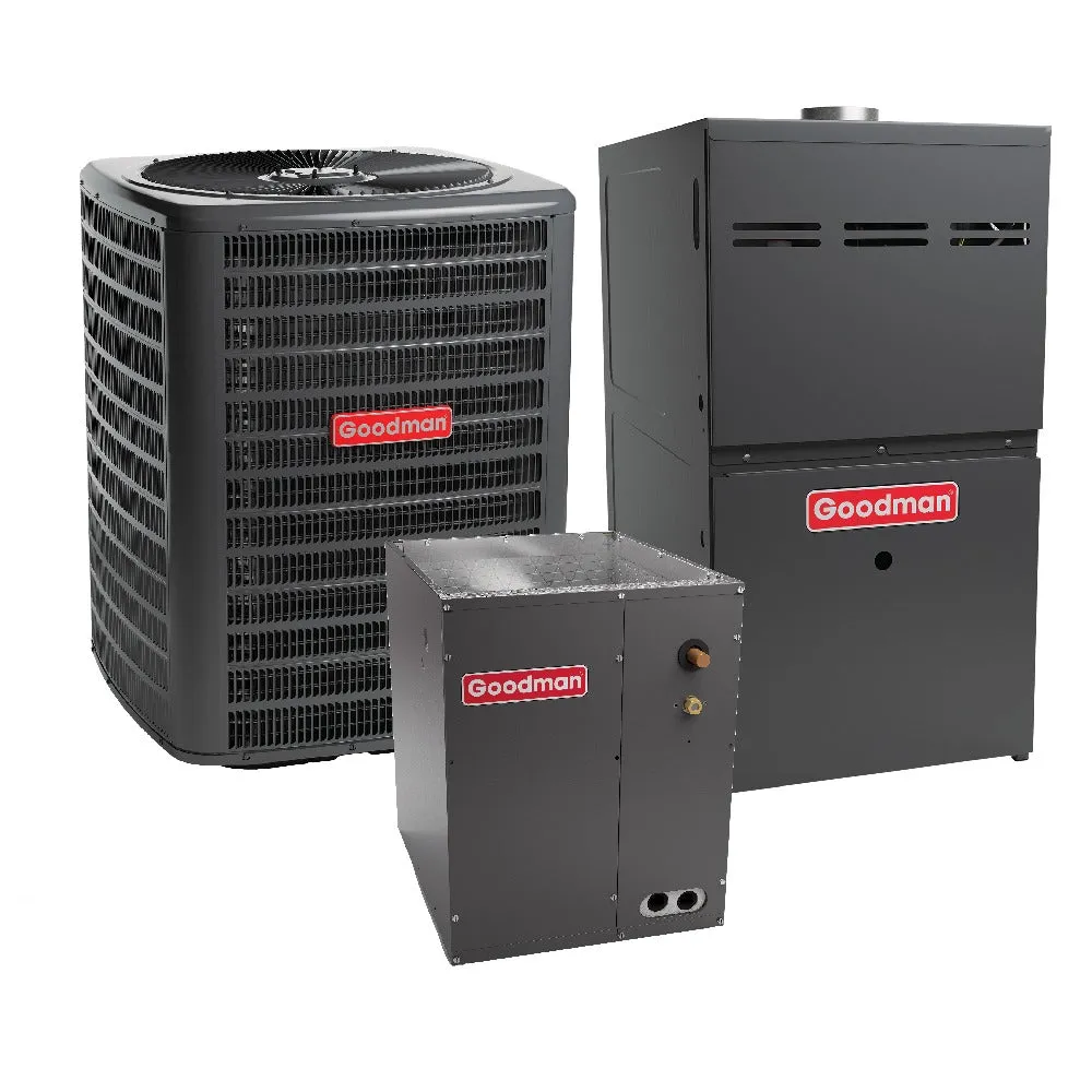 Goodman 3 Ton 15.2 SEER2 System:  Heat Pump Model GLZS4BA3610, Vertical Coil Model CAPTA3626B3, and 80% AFUE 80,000 BTU Natural Gas Furnace Model GR9S800804BN