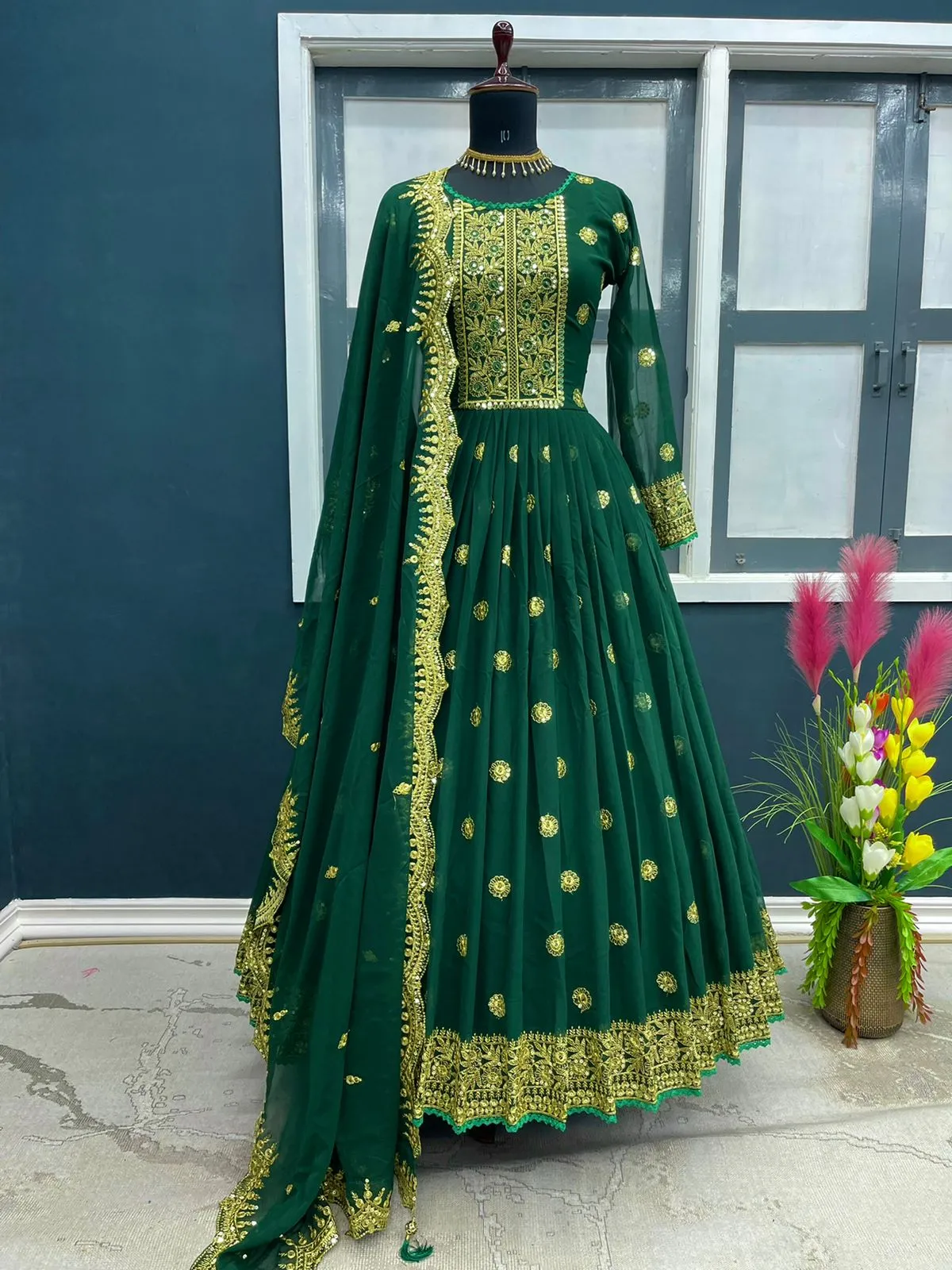 Heavy Faux Georgette With Embroidery Sequins Gown
