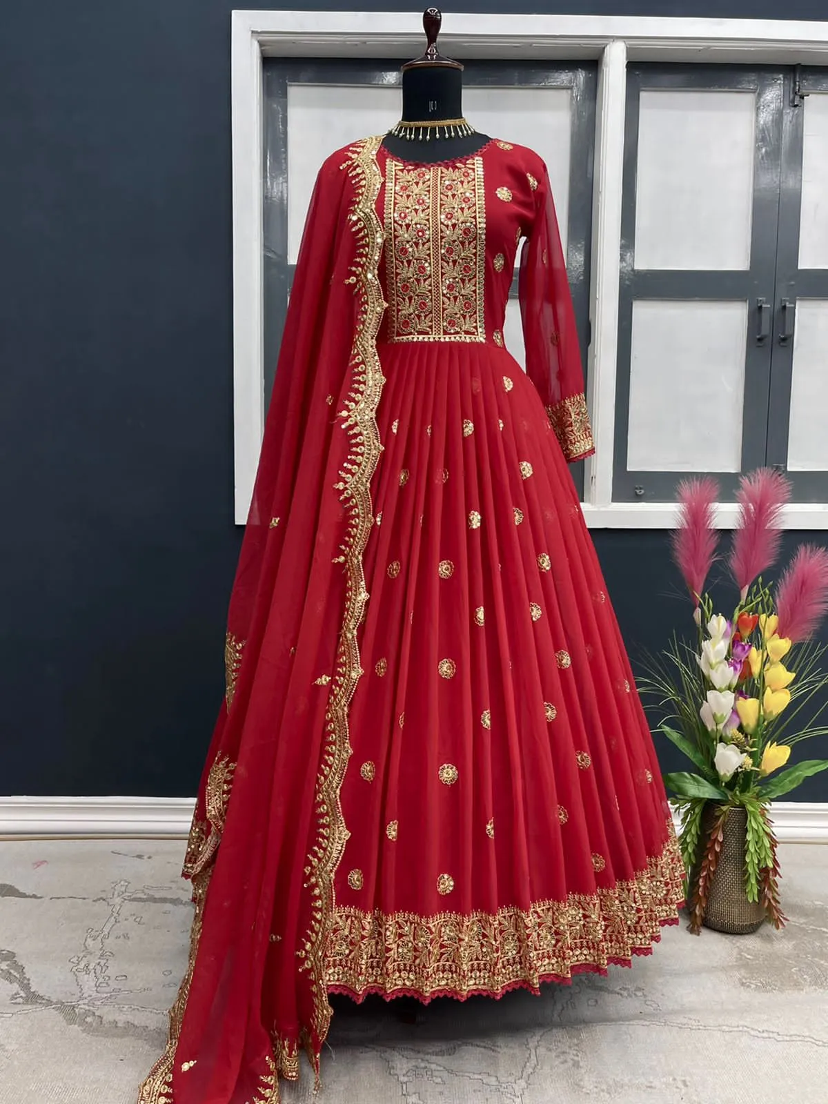Heavy Faux Georgette With Embroidery Sequins Gown
