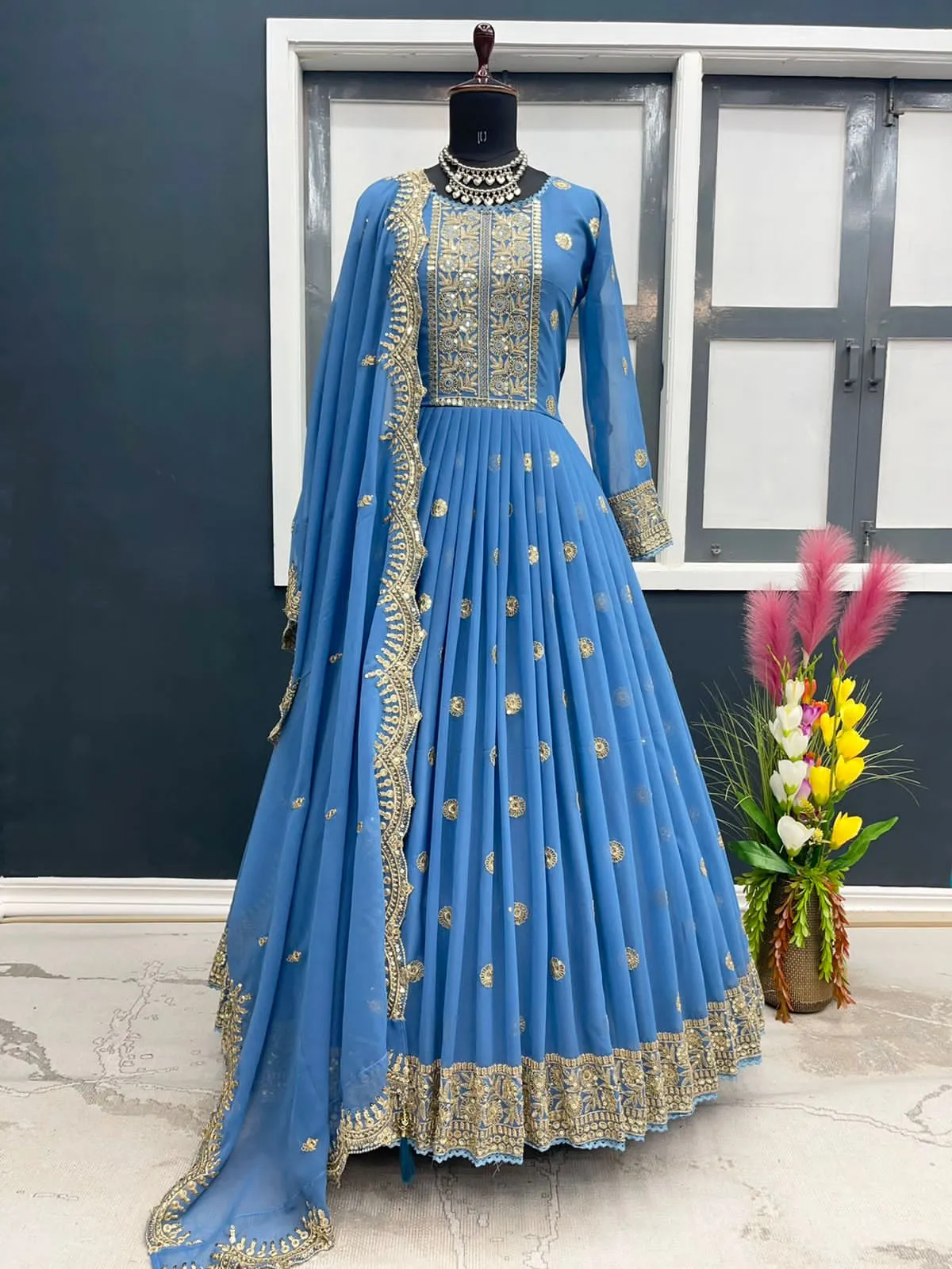 Heavy Faux Georgette With Embroidery Sequins Gown