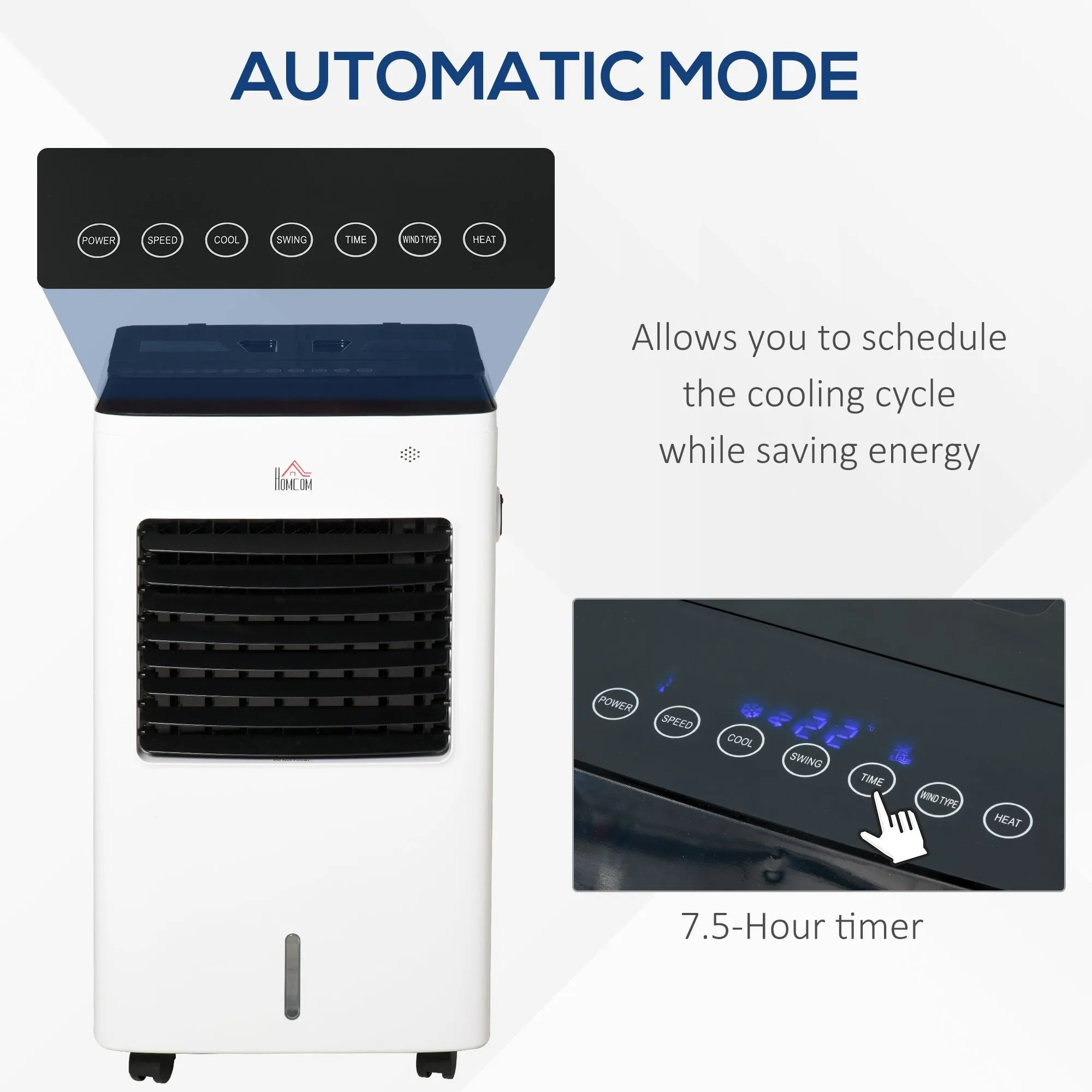 HOMCOM 3-IN-1 Portable Air Cooler, Heater, Humidifier with Ice Crystal Box, 3 Speed 3 Mode, 7.5 Hour Timer, Remote Controller Included, for Bedroom, Dorm, Office, White Cooler Heater Box 9 Settings Home Office