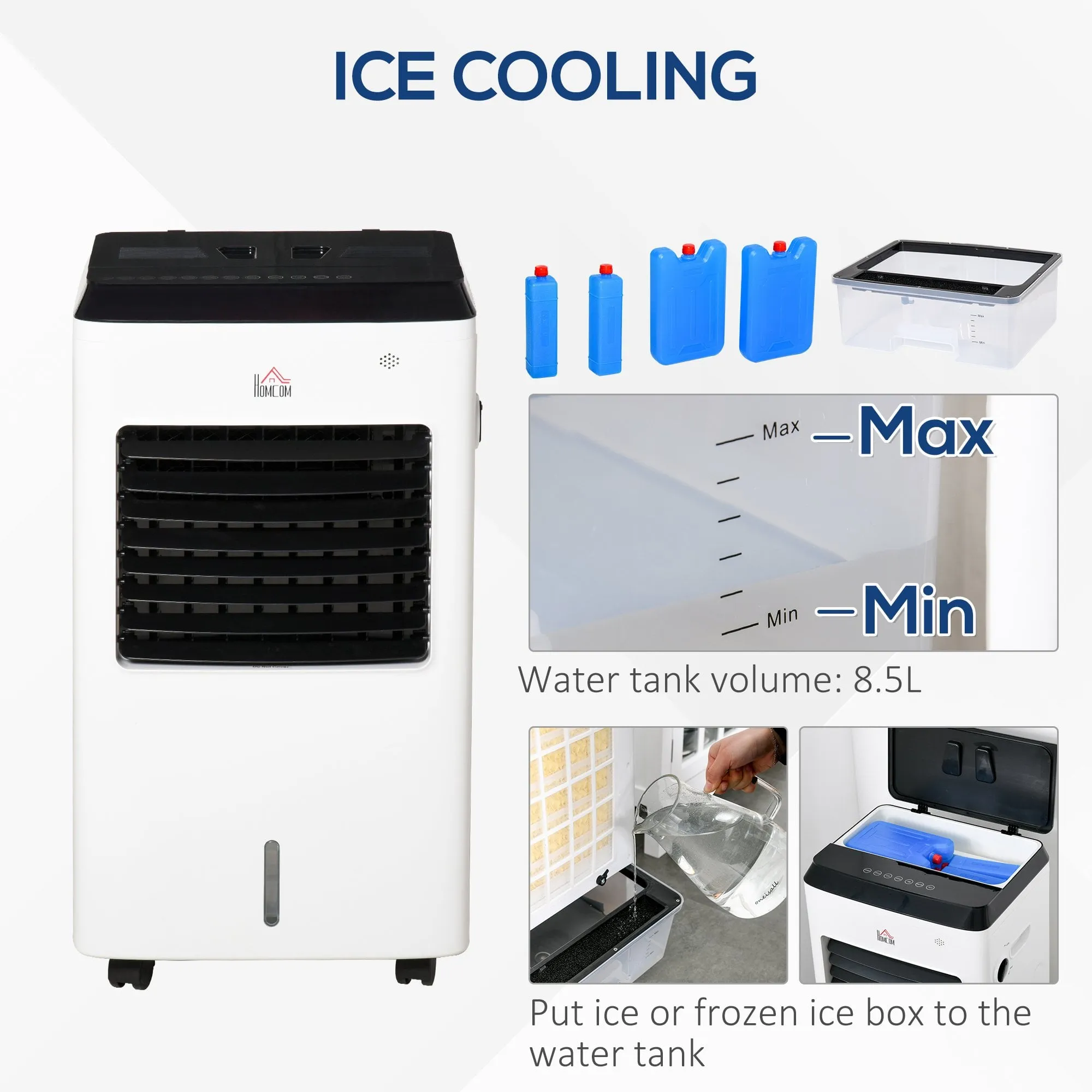 HOMCOM 3-IN-1 Portable Air Cooler, Heater, Humidifier with Ice Crystal Box, 3 Speed 3 Mode, 7.5 Hour Timer, Remote Controller Included, for Bedroom, Dorm, Office, White Cooler Heater Box 9 Settings Home Office