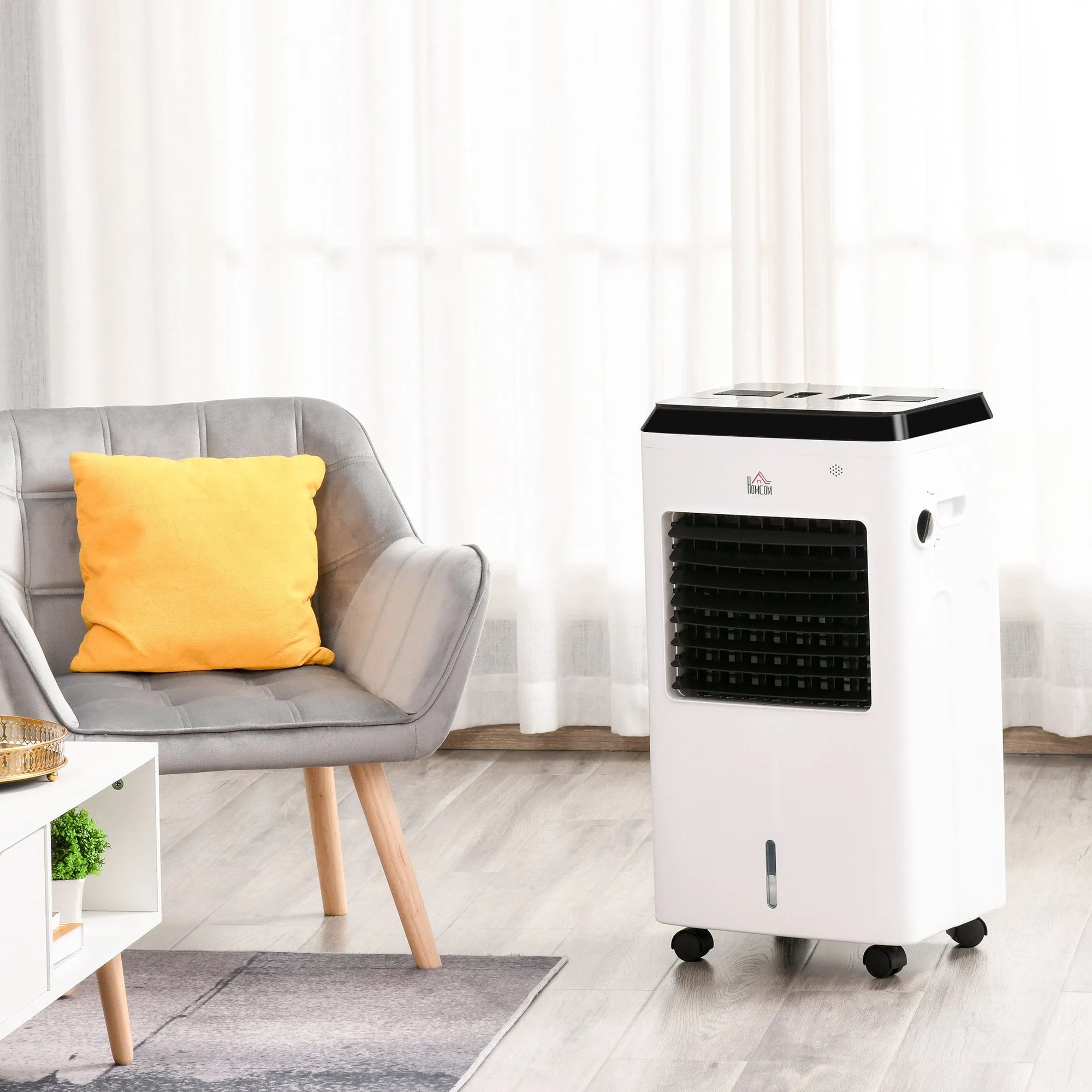 HOMCOM 3-IN-1 Portable Air Cooler, Heater, Humidifier with Ice Crystal Box, 3 Speed 3 Mode, 7.5 Hour Timer, Remote Controller Included, for Bedroom, Dorm, Office, White Cooler Heater Box 9 Settings Home Office