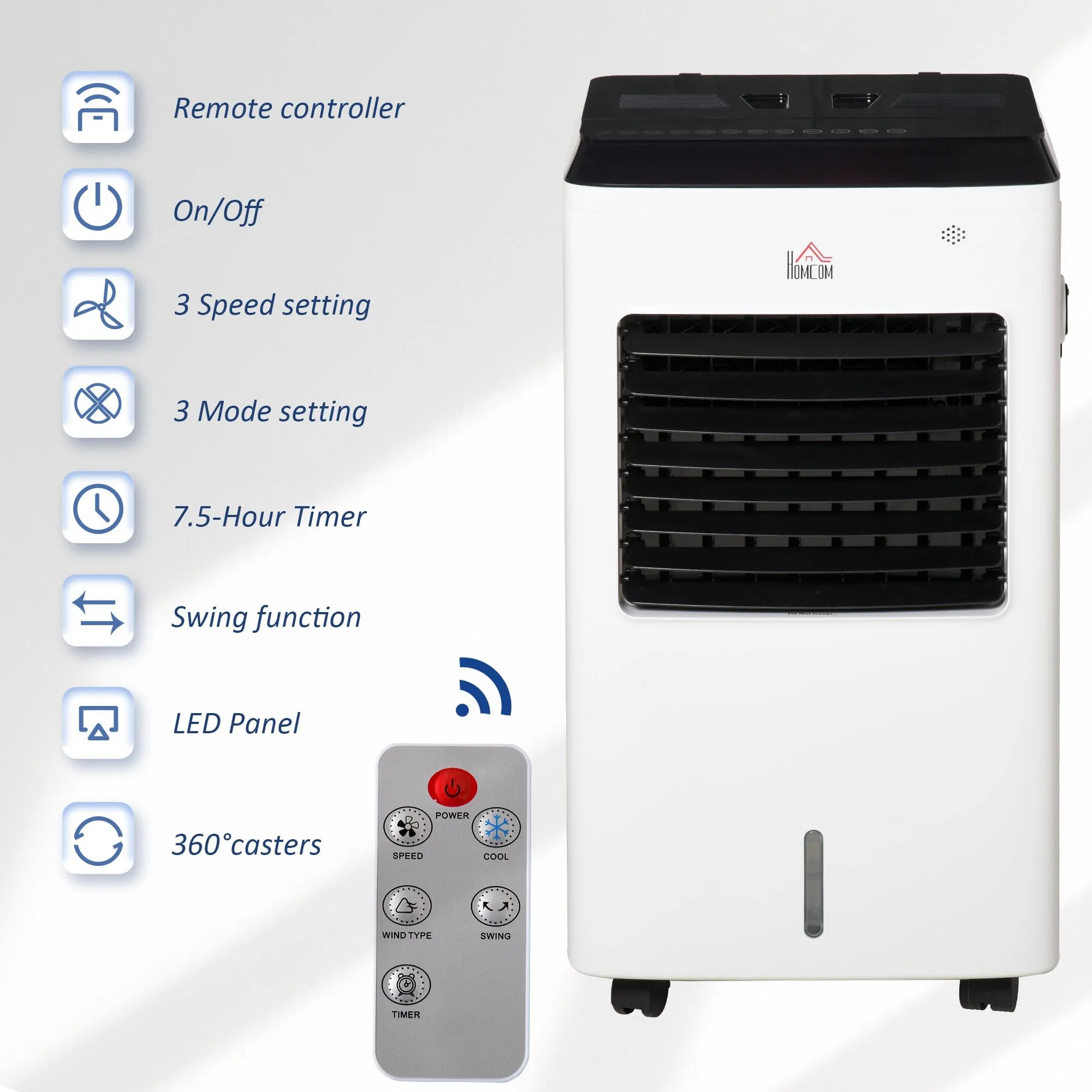 HOMCOM 3-IN-1 Portable Air Cooler, Heater, Humidifier with Ice Crystal Box, 3 Speed 3 Mode, 7.5 Hour Timer, Remote Controller Included, for Bedroom, Dorm, Office, White Cooler Heater Box 9 Settings Home Office