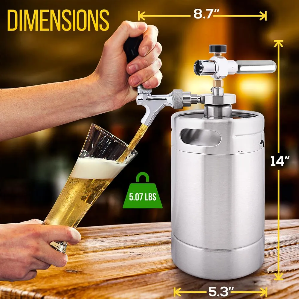 Homebrew Double Wall Mini Keg Beer Dispenser - 64 Oz. Double Wall Mini Keg With Cap Spear, Metal Tap Co2 Aluminum Regulator System