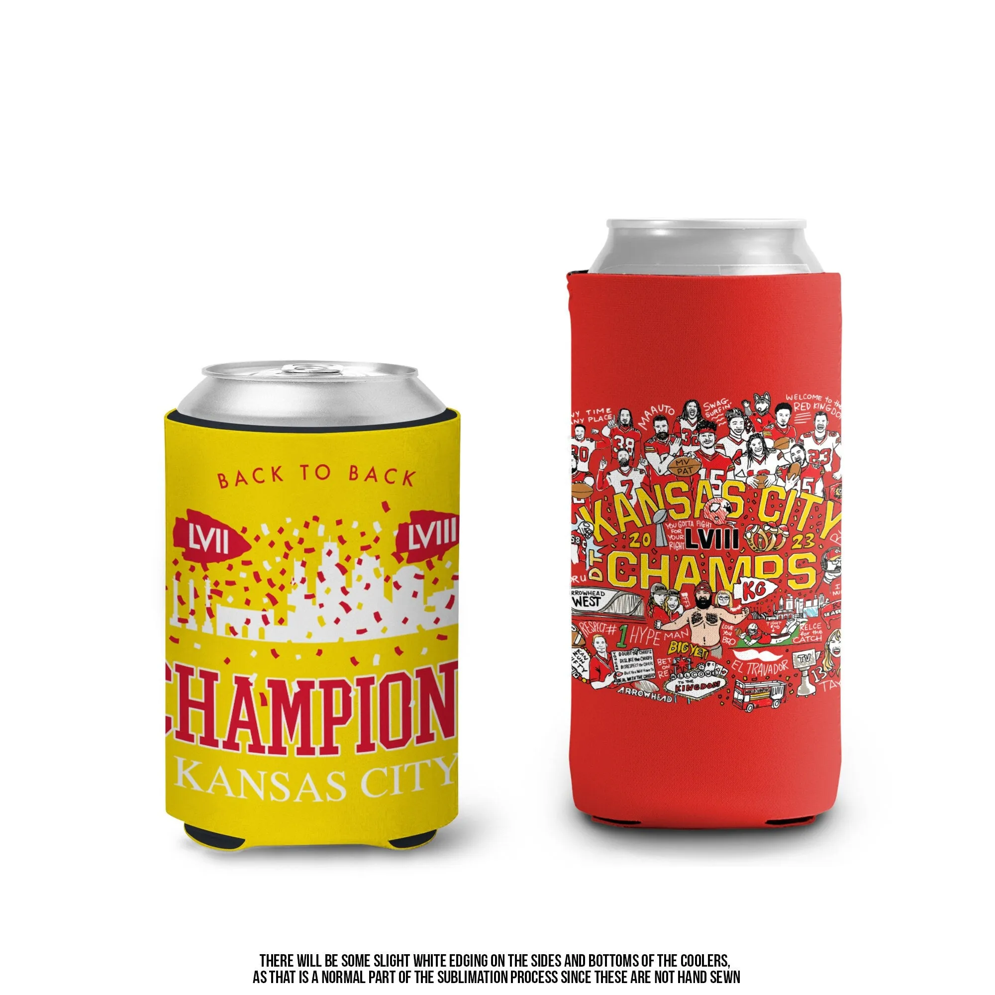 kansas city super bowl LVIII champs can coolers fun 2023 KC football moments mahomes kelce taylor can coolies regular or slim sized coolies