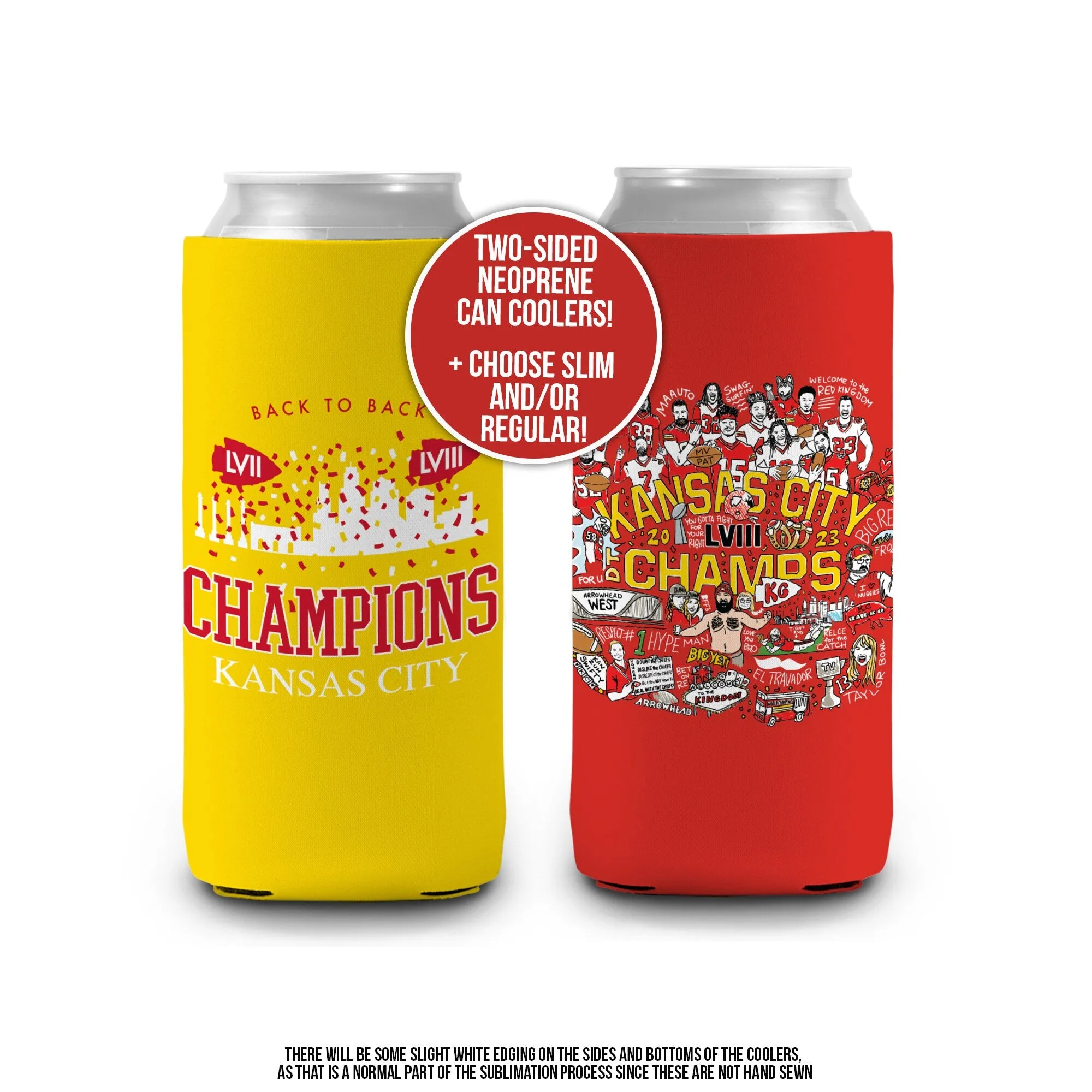 kansas city super bowl LVIII champs can coolers fun 2023 KC football moments mahomes kelce taylor can coolies regular or slim sized coolies