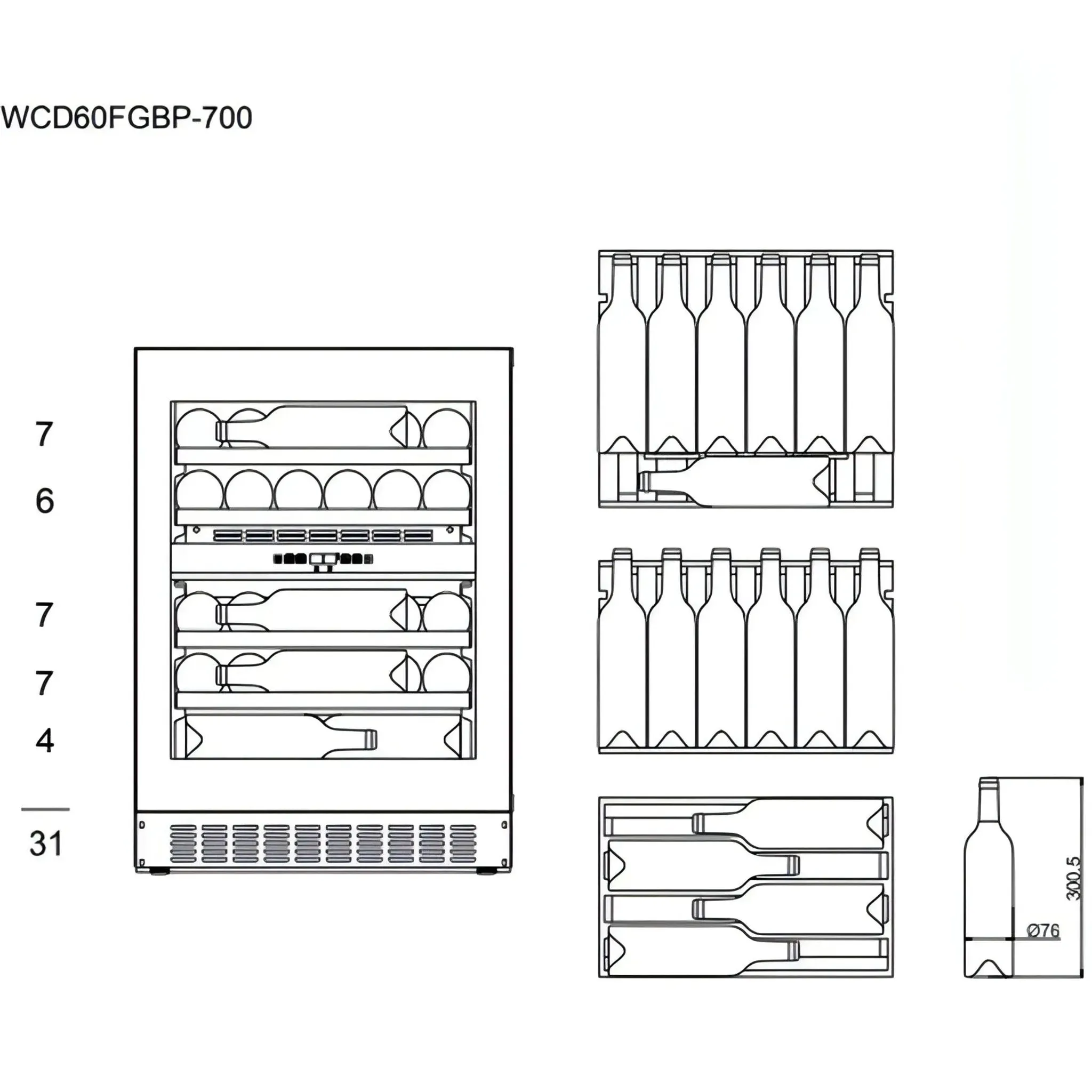 mQuvée - 600mm - Undercounter Wine Fridge - WineCave 700 60D Fullglass Black - Push/Pull - 700mm Door Height