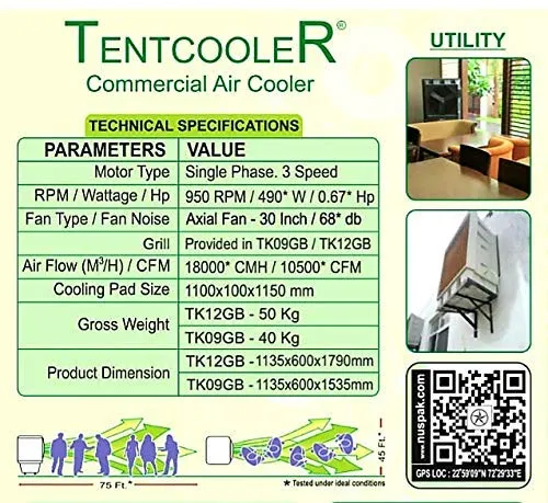 Nuspak Commercial Air Cooler 30" Fan with 120 litre Capacity