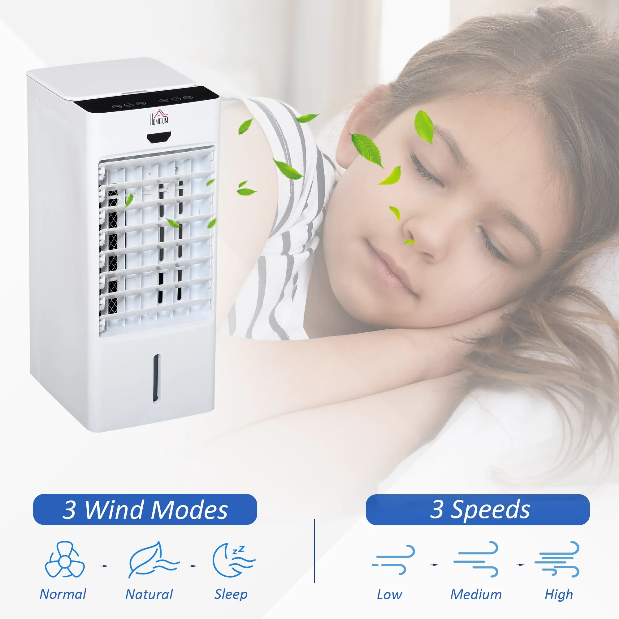 Portable Air Cooler Evaporative Cooler Humidifier with Ice Crystal Box Remote Controller 7.5 Hour Timer 3 Mode 3 Speed Swing and Ice Cooling Function for Bedroom Dorm Office White 9 Settings Fan