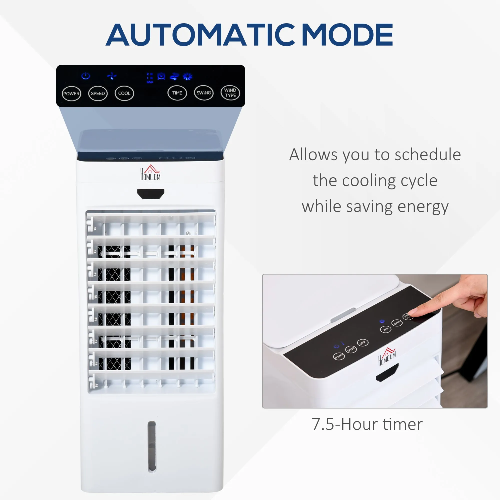 Portable Air Cooler Evaporative Cooler Humidifier with Ice Crystal Box Remote Controller 7.5 Hour Timer 3 Mode 3 Speed Swing and Ice Cooling Function for Bedroom Dorm Office White 9 Settings Fan