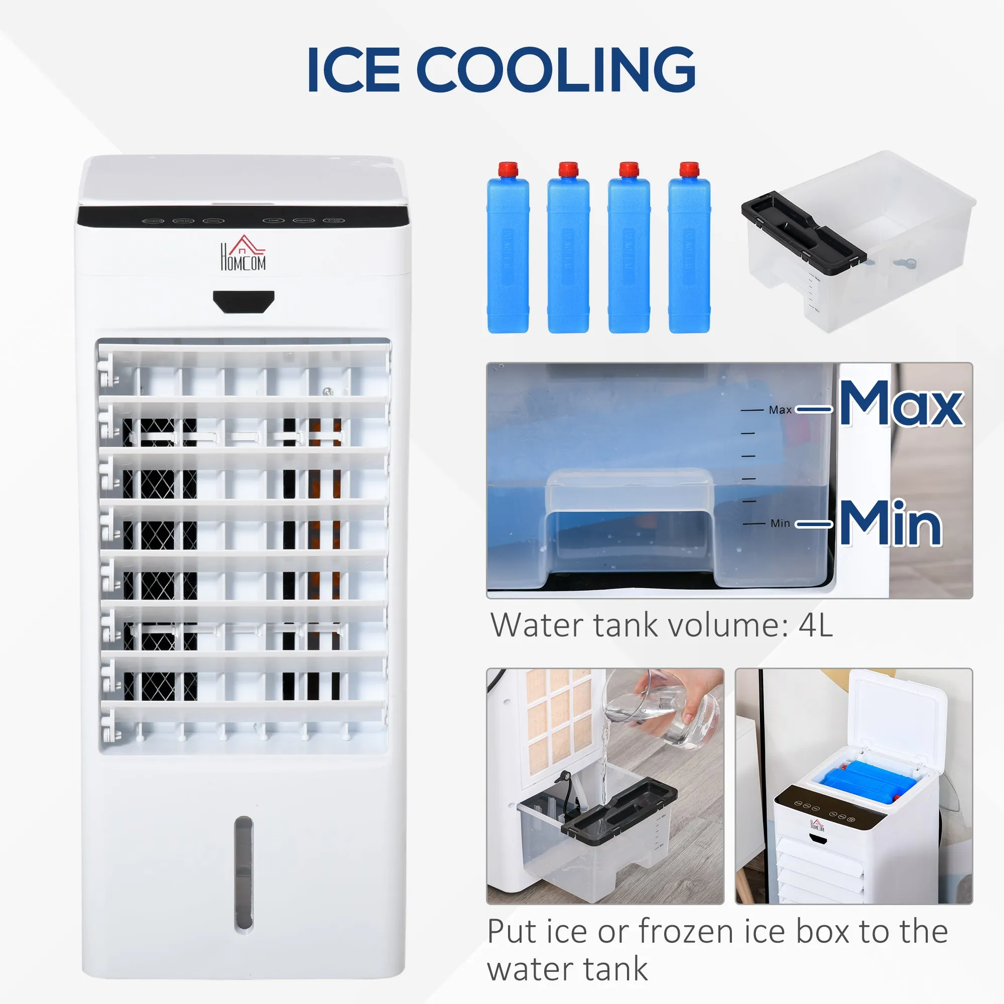 Portable Air Cooler Evaporative Cooler Humidifier with Ice Crystal Box Remote Controller 7.5 Hour Timer 3 Mode 3 Speed Swing and Ice Cooling Function for Bedroom Dorm Office White 9 Settings Fan