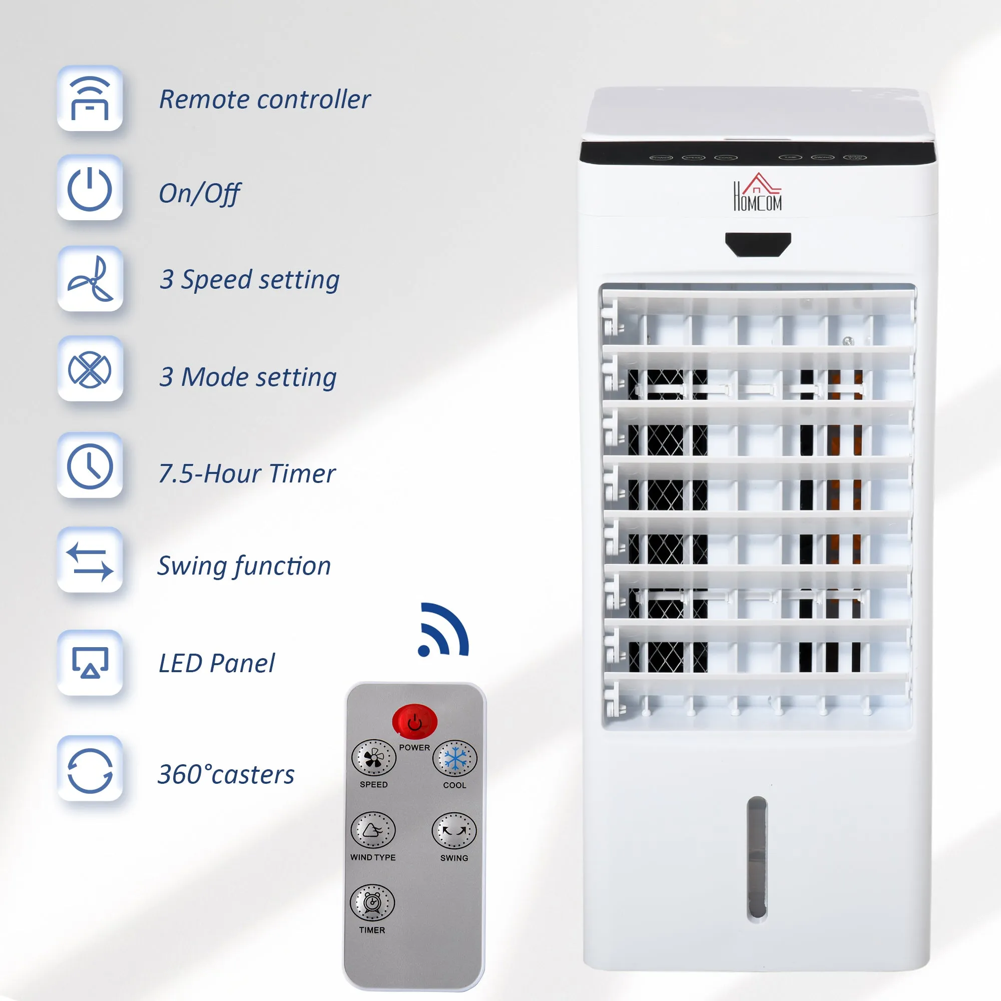 Portable Air Cooler Evaporative Cooler Humidifier with Ice Crystal Box Remote Controller 7.5 Hour Timer 3 Mode 3 Speed Swing and Ice Cooling Function for Bedroom Dorm Office White 9 Settings Fan