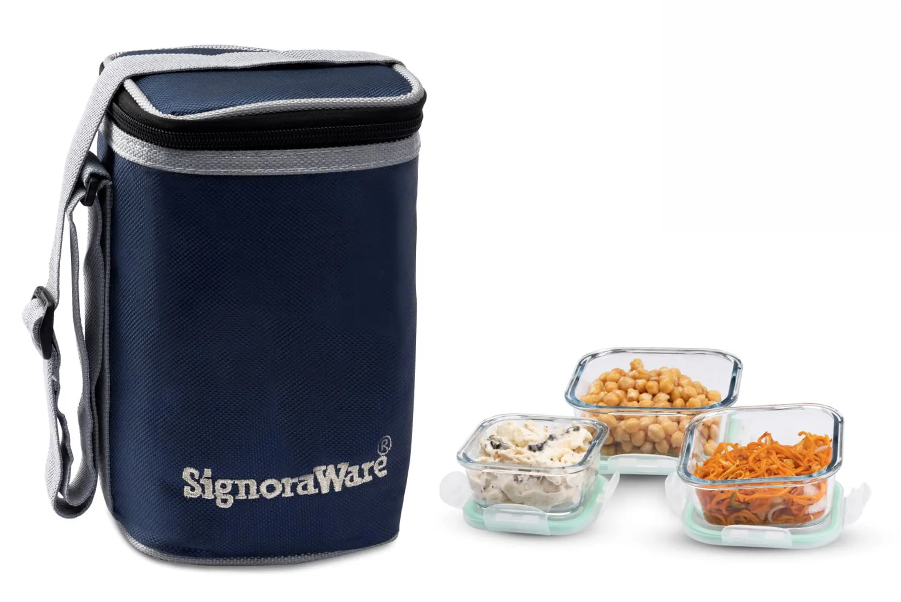 Signoraware Director High Microwave Safe Office Lunch Box Set with Bag | Borosilicate Glass | Safety Lock Airtight Tiffin Containers (Set of 3 – 320ml 320ml  320ml | Transparent)