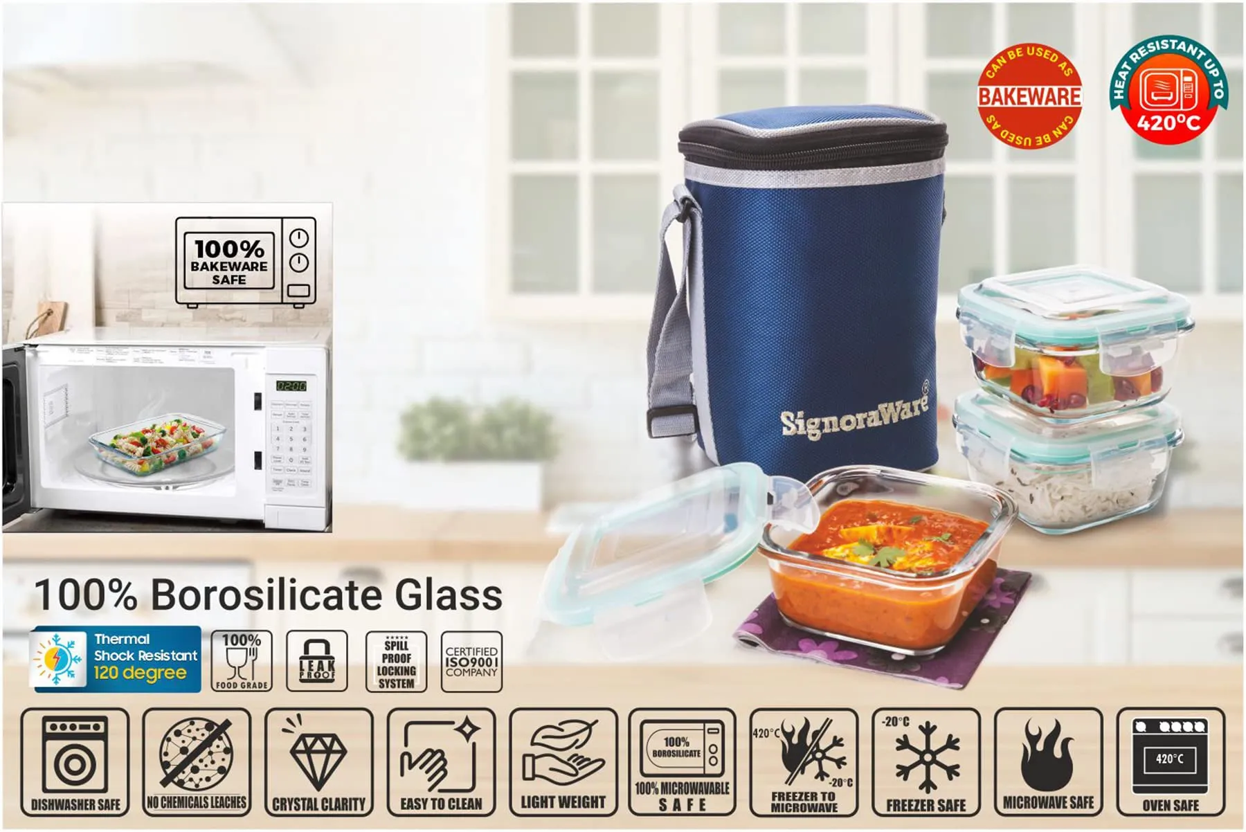 Signoraware Director High Microwave Safe Office Lunch Box Set with Bag | Borosilicate Glass | Safety Lock Airtight Tiffin Containers (Set of 3 – 320ml 320ml  320ml | Transparent)