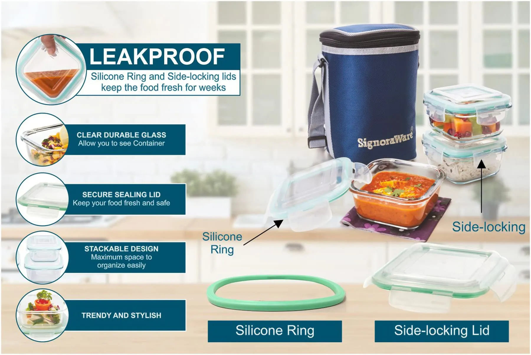 Signoraware Director High Microwave Safe Office Lunch Box Set with Bag | Borosilicate Glass | Safety Lock Airtight Tiffin Containers (Set of 3 – 320ml 320ml  320ml | Transparent)