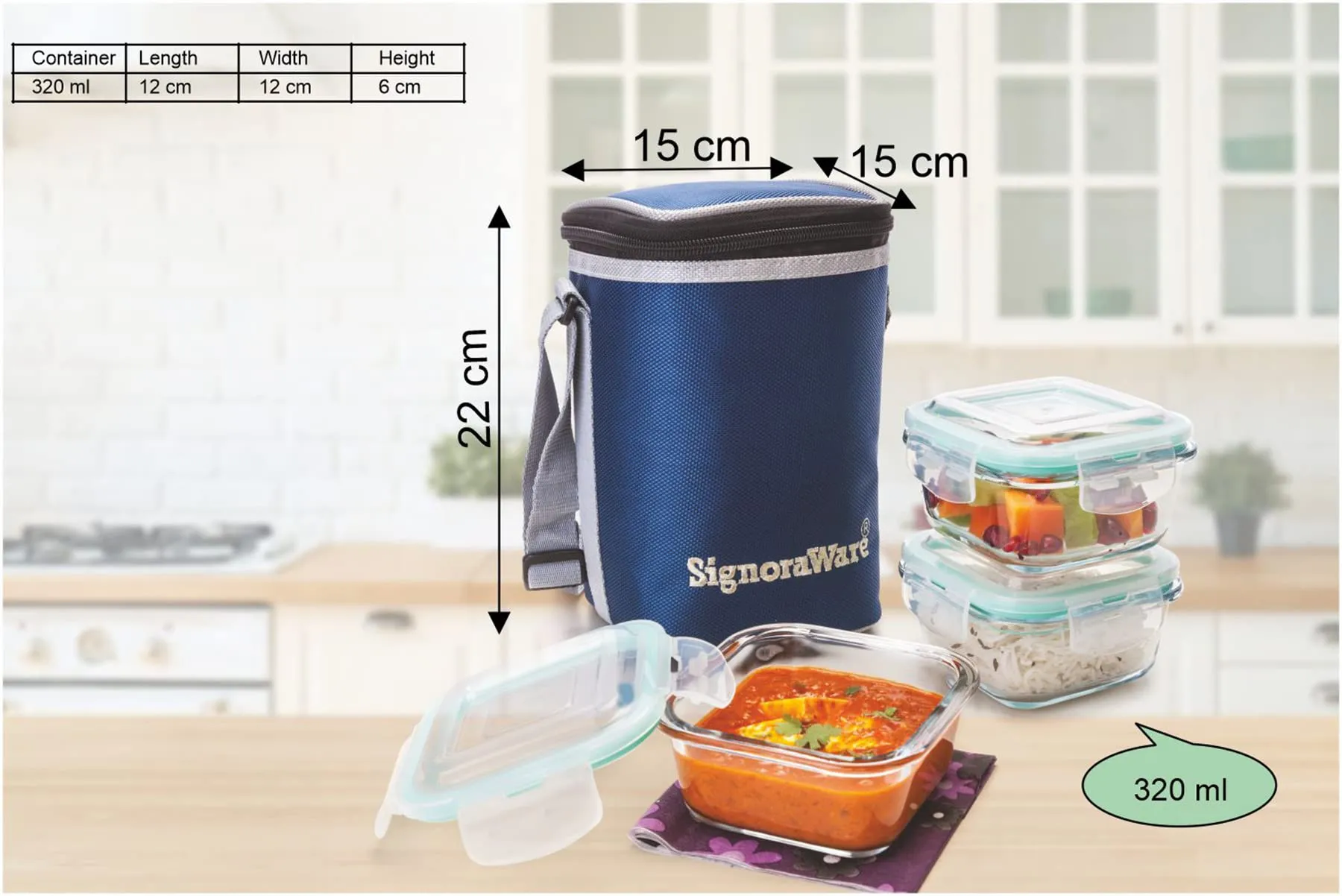 Signoraware Director High Microwave Safe Office Lunch Box Set with Bag | Borosilicate Glass | Safety Lock Airtight Tiffin Containers (Set of 3 – 320ml 320ml  320ml | Transparent)