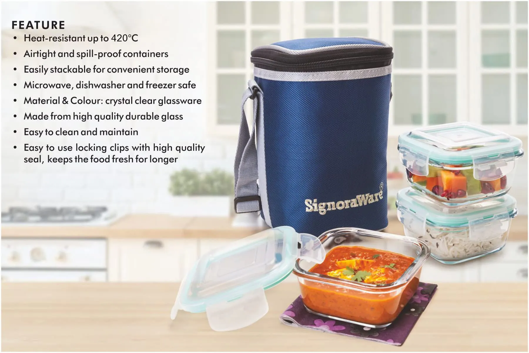 Signoraware Director High Microwave Safe Office Lunch Box Set with Bag | Borosilicate Glass | Safety Lock Airtight Tiffin Containers (Set of 3 – 320ml 320ml  320ml | Transparent)