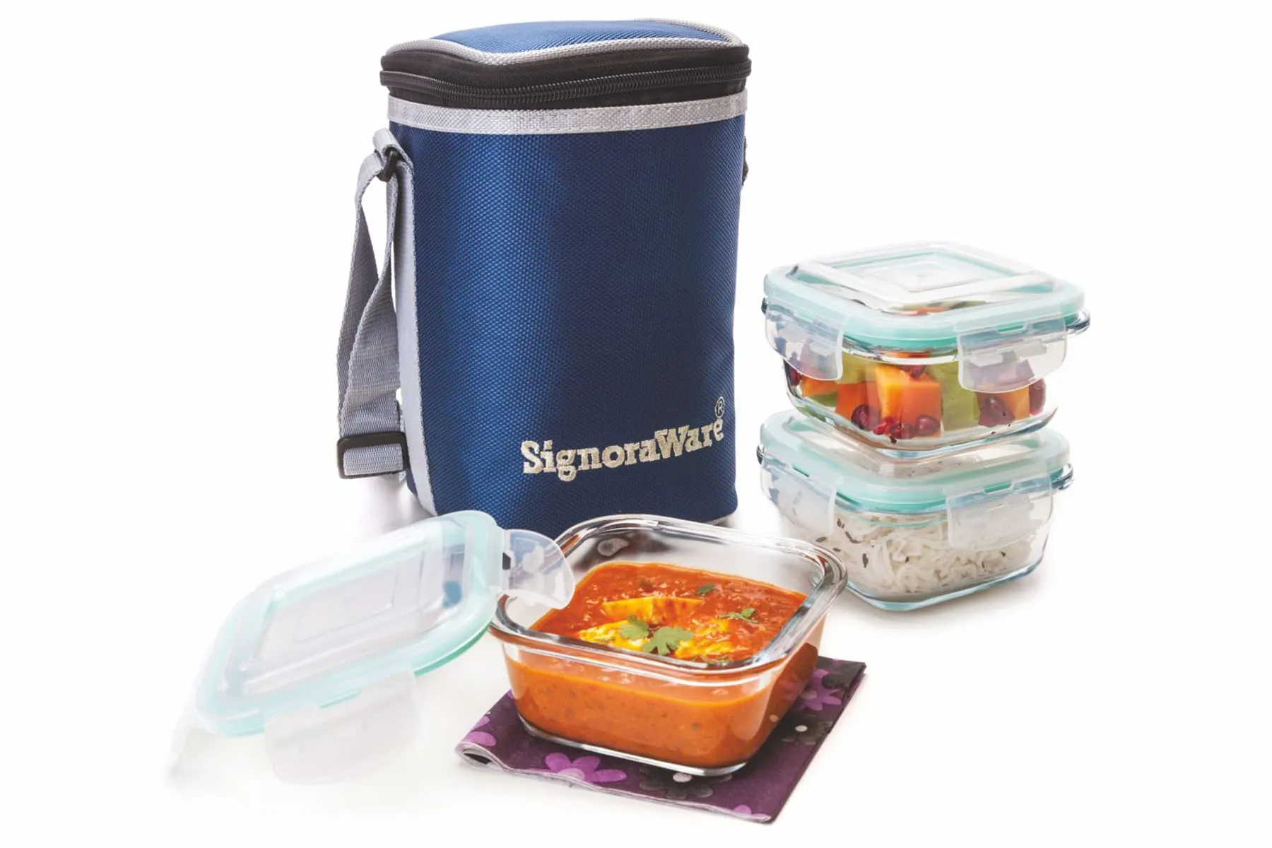 Signoraware Director High Microwave Safe Office Lunch Box Set with Bag | Borosilicate Glass | Safety Lock Airtight Tiffin Containers (Set of 3 – 320ml 320ml  320ml | Transparent)