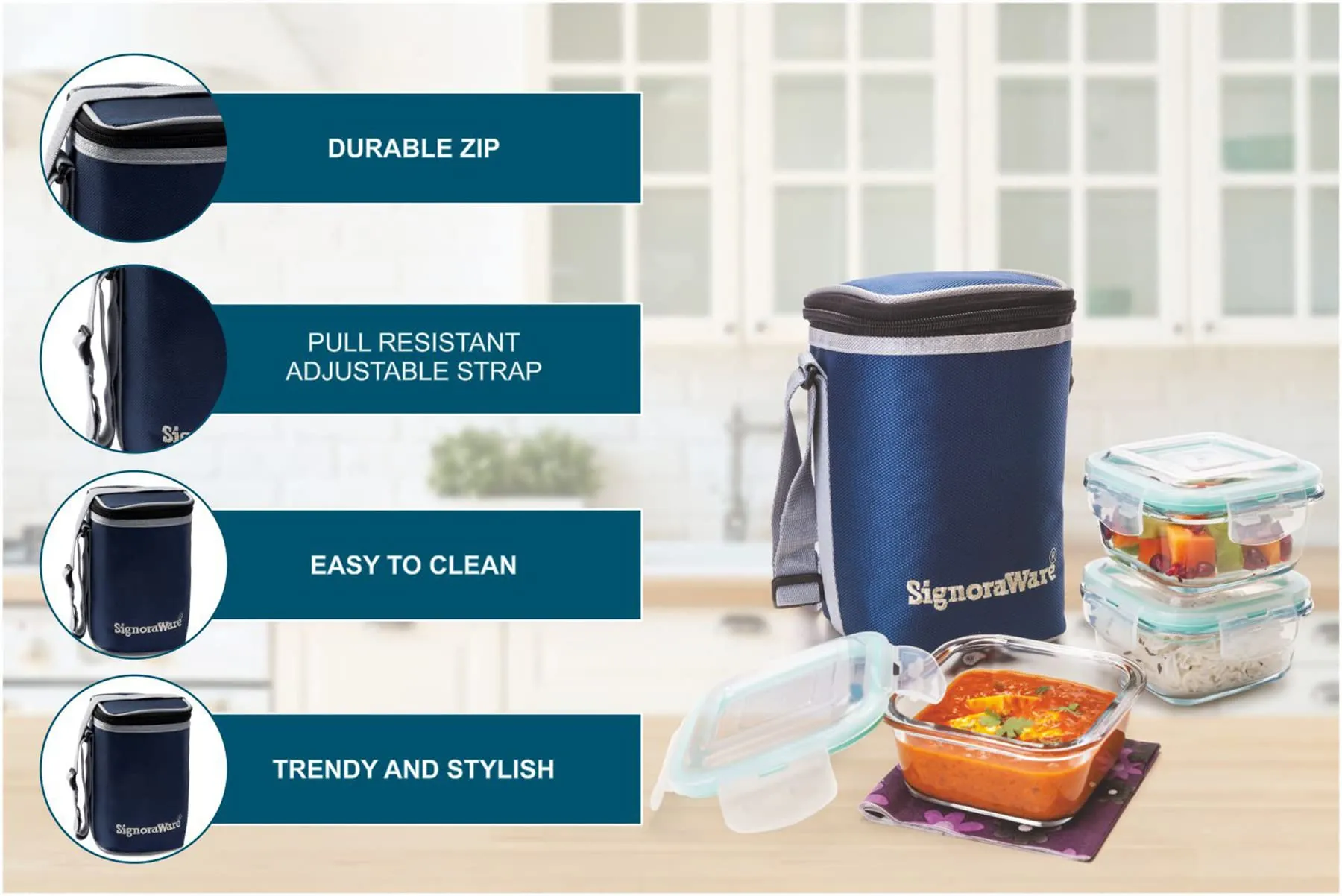 Signoraware Director High Microwave Safe Office Lunch Box Set with Bag | Borosilicate Glass | Safety Lock Airtight Tiffin Containers (Set of 3 – 320ml 320ml  320ml | Transparent)