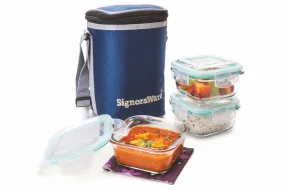 Signoraware Director High Microwave Safe Office Lunch Box Set with Bag | Borosilicate Glass | Safety Lock Airtight Tiffin Containers (Set of 3 – 320ml 320ml  320ml | Transparent)
