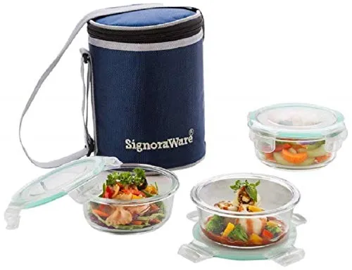SignoraWare Executive High Microwave Safe Office Lunch Box Set with Bag | Borosilicate Glass | Safety Lock Airtight Tiffin Containers (Set of 3 – 400ml 400ml  400ml | Transparent)