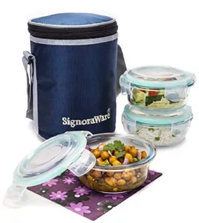 SignoraWare Executive High Microwave Safe Office Lunch Box Set with Bag | Borosilicate Glass | Safety Lock Airtight Tiffin Containers (Set of 3 – 400ml 400ml  400ml | Transparent)